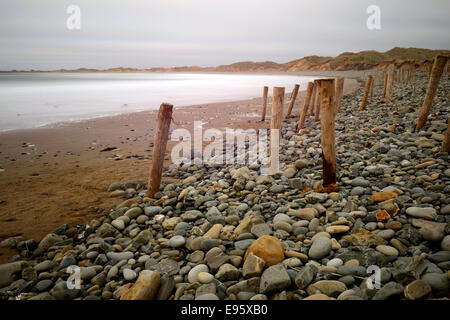 Doughmore Beach County Clare Irland hölzerne Beiträge leisten Felsen, Felsbrocken, die Düne Schutz schützen erodieren, erosion Stockfoto