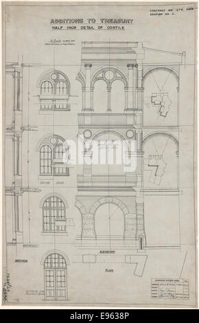 Sydney-Treasury-Gebäude. Ergänzungen. Detail der Cortile. Plan, Höhe und Abschnitt. Unterschrift des Architekten (G McRae) erscheint auf dem plan Stockfoto