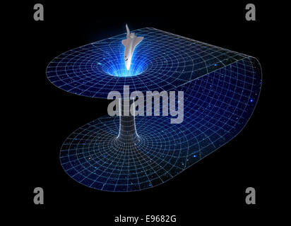 3D Darstellung eines Raumschiffes durch ein Wurmloch Stockfoto