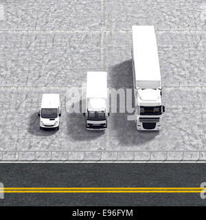 Geschäft Logistik Transport Service Wachstum Hintergrund Illustration mit weißen Transportwagen und Parkplatz-Infrastruktur Stockfoto