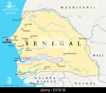 Senegal politische Karte mit Hauptstadt Dakar, Landesgrenzen, wichtige Städte, Flüsse und Seen. Englische Beschriftung und Skalierung. Stockfoto