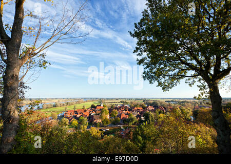 Mittelalterliche Stadt von Hitzacker an der Elbe, High-Angle View mit Bäumen im Vordergrund Stockfoto
