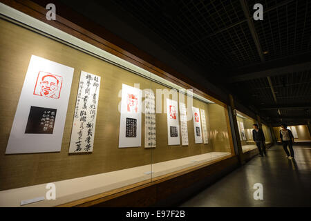 Hangzhou, China. 21. Oktober 2014. Foto aufgenommen am 21. Oktober 2014 zeigt Besucher beobachten Exponate von Stempeln Kunst im Westen See Museum in Hangzhou, Zhejiang Provinz Ost-China. © Xu Yu/Xinhua/Alamy Live-Nachrichten Stockfoto