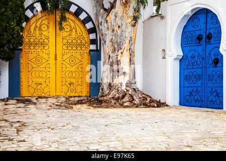 Ein typisches besetzt Holztüren in Sidi Bou Said, Tunesien. Stockfoto