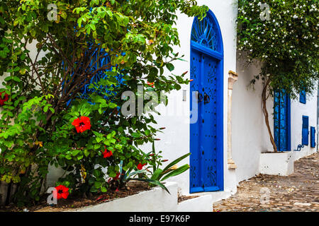 Schmalen gepflasterten Straße in Sidi Bou Said, Tunesien. Stockfoto