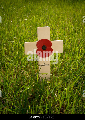 Mohn auf einem Holzkreuz im Gras. Stockfoto
