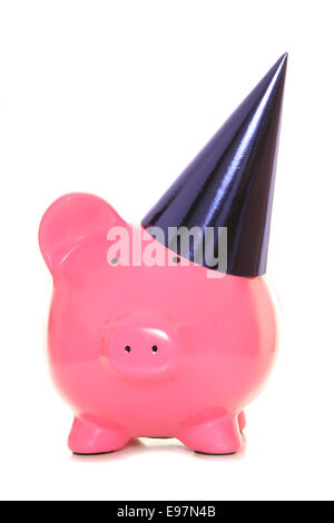 Piggy Bank tragen blaue Partei Hut Ausschnitt Stockfoto