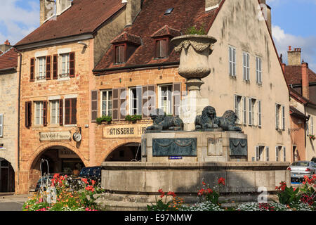 Wasser-Brunnen und Geschäften im Stadtzentrum von Arbois, Jura, Franche, Frankreich, Europa Stockfoto