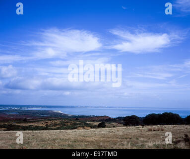 Blick in Richtung Poole Harbour die Küste Poole und Bournemouth von in der Nähe von Godlingston Heide Isle of Purbeck-Dorset-England Stockfoto