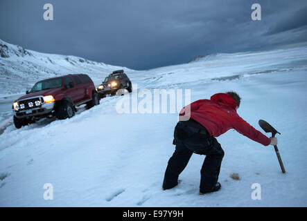 Winter-Wunderland, super-Jeepsafari zum Eyjafjallajökull und Thorsmork, Januar 2013. Süd-Island. Stockfoto