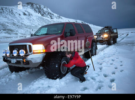 Winter-Wunderland, super-Jeepsafari zum Eyjafjallajökull und Thorsmork, Januar 2013. Süd-Island. Stockfoto