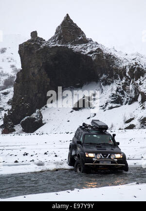 Winter-Wunderland, super-Jeepsafari zum Eyjafjallajökull und Thorsmork, Januar 2013. Süd-Island. Stockfoto