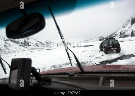 Winter-Wunderland, super-Jeepsafari zum Eyjafjallajökull und Thorsmork, Januar 2013. Süd-Island. Stockfoto