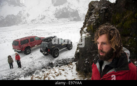 Winter-Wunderland, super-Jeepsafari zum Eyjafjallajökull und Thorsmork, Januar 2013. Süd-Island. Stockfoto