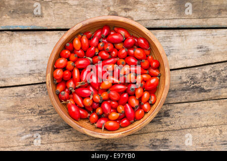 Ton-Schale voll Hagebutten auf Holztisch. Wilde Beeren-Hintergrund Stockfoto