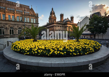 Zentrum von Leeds im Frühjahr blühen und das Rathaus von Leeds Stockfoto