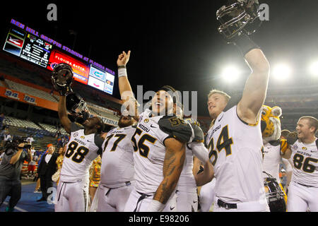 18. Oktober 2014 - Gainesville, Florida, USA - Missouri Tigers feiern ihren Sieg nach dem Spiel zwischen den Florida Gators und Missouri Tigers bei Ben Hill Griffin Stadium. Missouri Tigers gewann 42-13. (Kredit-Bild: © Eve Edelheit/Tampa Bay Times/ZUMAPRESS.com) Stockfoto