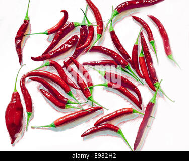 Sammlung, die viele Dutzend Chilischoten gegen hellen Hintergrund Paprika Farben Schatten geben geändert wurden gefärbt Stockfoto