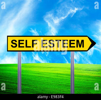 Konzeptionelle Pfeilzeichen gegen schöne Landschaft mit Text - SELF ESTEEM Stockfoto