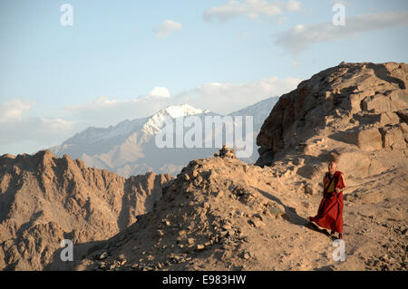 Tibetischer Mönch Bespannung Gebet Fahnen in der Nähe von Kloster über Leh, Ladakh, Indien. Stockfoto