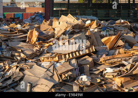 Kartons an der Recycling-Station, Downtown Los Angeles, Kalifornien, USA Stockfoto