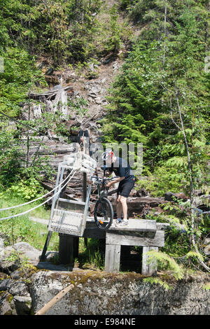 Übernahme der Seilbahn Carpenter Creek am Galena Trail, New Denver, Slocan Valley, West Kootenay, Britisch-Kolumbien, Kanada Stockfoto