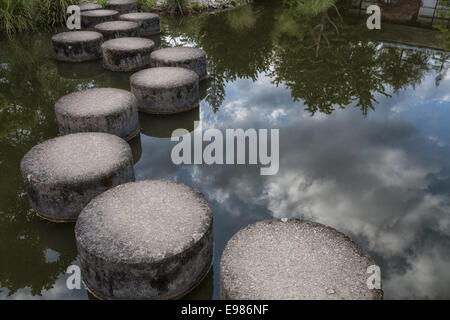 Jardin de Plantes, Ile de Versailles, Nantes Frankreich Wolken spiegeln sich im Wasser, Trittsteine über den großen Teich, Zen in der Natur Stockfoto