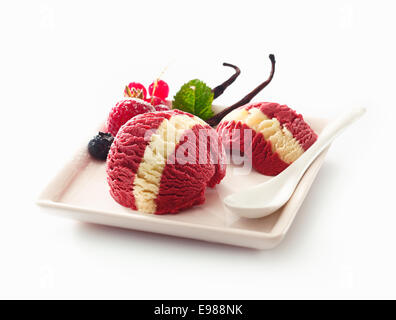 Portion auf einen Teller mit dekorativen Beeren und Vanille-Eis mit einem markanten weißen Streifen auf einem weißen Studio-Hintergrund Stockfoto