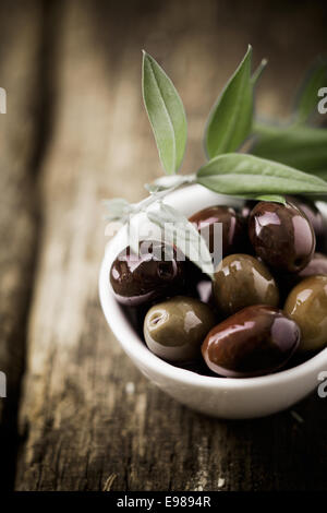 Frische schwarze Oliven in einer Schüssel für Vorspeisen mit Getränken vor einer Mahlzeit mit Exemplar zuzustellen Stockfoto