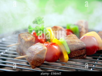 Rindfleisch-Spieße mit ganzen Baby Tomaten und in Scheiben geschnittenen Paprika Kochen auf dem Grill über dem Grill Feuer Stockfoto