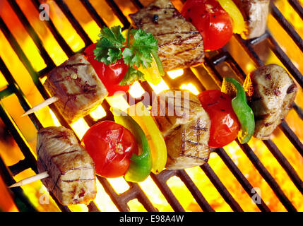 Nahaufnahme von zwei leckere Fleisch-Spieße aufgespießt mit Paprika und Tomaten über die Kohlen Grill brutzeln Stockfoto