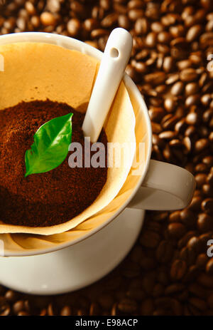 Frisch gemahlener Kaffee und ein grünes Blatt in einem tragbaren Filter Trichter auf einem Bett aus ganzen gerösteten Bohnen während der Zubereitung einer Tasse Stockfoto