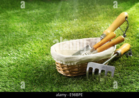 Sortiment der kleine Gartenwerkzeuge in einem geflochtenen Korb steht auf einer grünen Wiese im Sonnenschein im Sommer mit Exemplar Stockfoto