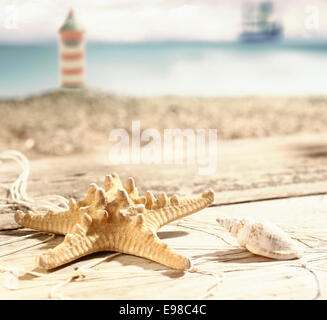 Seesterne und einer Muschel liegend in der heißen Sommersonne auf alten Holzbrettern am Meer mit Strand und Leuchtturm sichtbar hinter flachen dof Stockfoto