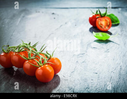 Frische Trauben Tomaten am Rebstock in der unteren Ecke eine dunkle Strukturierte Holzoberfläche durch Hervorhebung und Vignettierung und eine halbierte Tomate in der oberen Ecke mit Exemplar zwischen Stockfoto