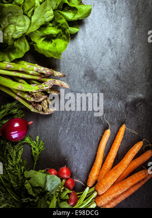 Frisches Gemüse Rahmen oder Rahmen auf strukturierte Schiefer mit Exemplar für Ihren Text mit Bauernhof frischen Trauben von Spargel, Karotten, Radieschen, Spinat und rote Beete Stockfoto