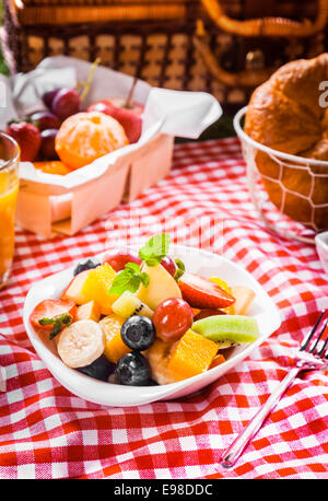 Gesunde vegetarische Sommer-Picknick mit einer Schachtel sortierte ganze frische Früchte und Schale mit bunten tropischen Obstsalat mit einem Picknickkorb auf einem roten und weißen aufgegebenes Tischdecke Stockfoto