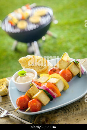 Outdoor Sommer Bbq geräucherter Tofu auf einem Tisch mit einer Tofu-Kebab und ein Grill im Hintergrund Stockfoto