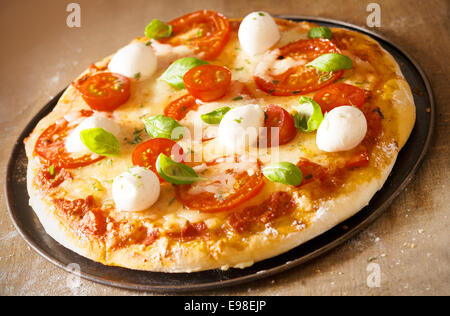 Frisch gebackene golden knusprige italienische Pizza mit Mozzarella, Tomaten und Basilikum auf geschmolzenem Käse und Tomaten paste Stockfoto