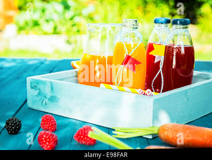 Gesunde frische Frucht- und Gemüsesäfte Mischungen mit Zitrusfrüchten, Beeren und Karotten stehend trinkfertig Glasflaschen auf einem bunten Türkis Picknicktisch im Sommergarten Stockfoto