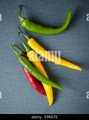 Bunte rote, grüne und gelbe Paprika in der Küche als Gewürz für ihre Punget heißen Geschmack auf einem grauen Textil-Hintergrund verwendet Stockfoto