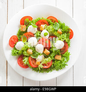 Italienische Mozzarella-Käse und Tomaten-Salat mit Tomaten und knackig knusprig gebratenes Brot Kretins, Blick von oben auf einen Teller auf hölzernen Tafeln, quadratischen format Stockfoto