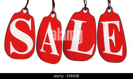 Red Sale Tags. Vier rote Tags mit den Buchstaben S, A, L, E auf sie hängen an Haken, die isoliert auf weiss. Stockfoto