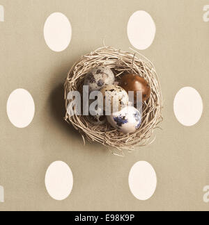 Kleines Nest mit gefärbten Eiern über Ostern Konzept Hintergrund Stockfoto