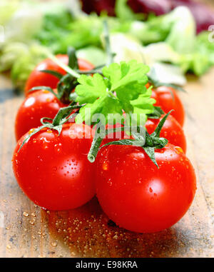 Handvoll frische rote, reife Tomaten mit Wassertropfen auf urigen Holzbrettern. Stockfoto