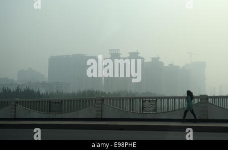 Taiyuan, China Shanxi Provinz. 22. Oktober 2014. Gebäude sind inmitten starker Dunst und Smog in Taiyuan, Hauptstadt der Provinz Nord-China Shanxi, 22. Oktober 2014 gesehen. Die anhaltende Smog hat die Stadt seit Okt. 19 gehüllt. Bildnachweis: Yan Yan/Xinhua/Alamy Live-Nachrichten Stockfoto