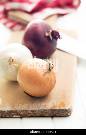 verschiedenen Zwiebeln auf Küchentisch Stockfoto