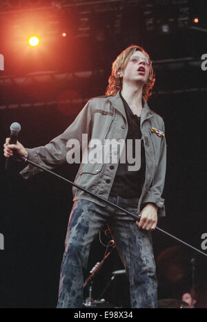 Beck im Konzert auf der Bühne "Rock On The Green", in Glasgow, Schottland, im August 2000. Stockfoto