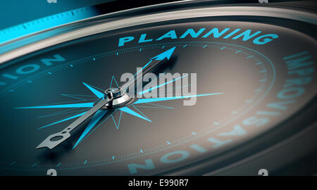 Kompass mit Nadel zeigt das Wort Planung, Konzept Bild Business-Plan und Strategie zu illustrieren. Stockfoto