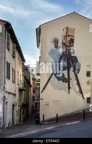 Wandmalerei von Buster Keaton, der Kameramann, in der Stadt Cannes, Côte d ' Azur, Côte d ' Azur, Alpes-Maritimes, Frankreich Stockfoto